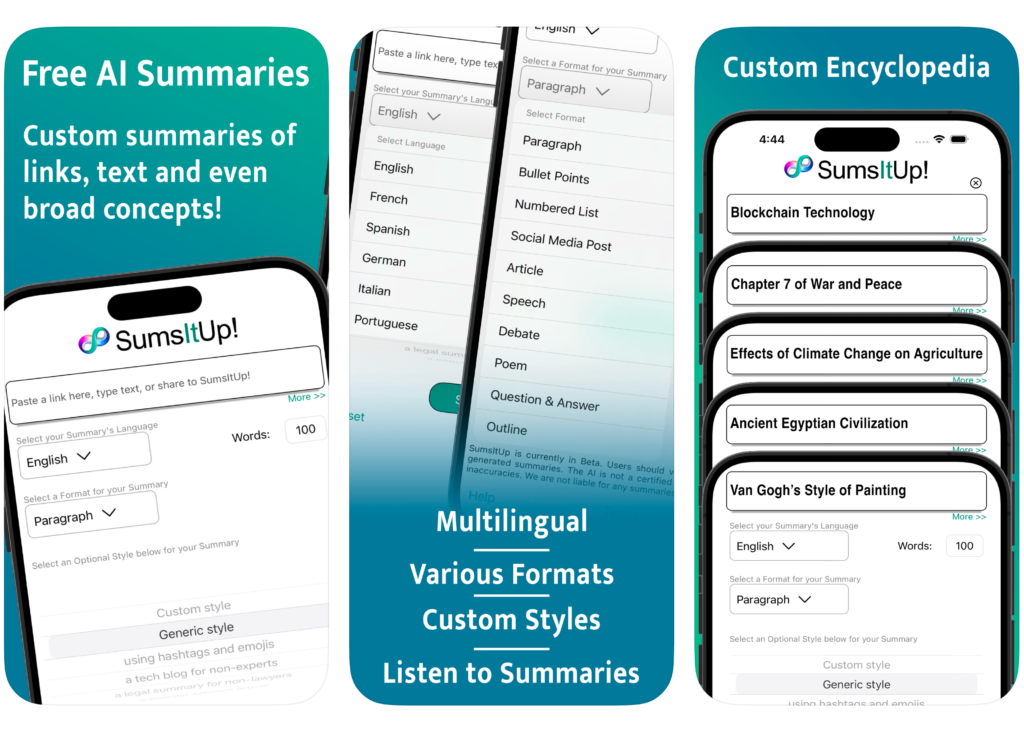 Free AI Summaries - Custom summaries of links, text and even broad concepts! 
Multilingual, Various Formats, Custom Styles, Listen to Summaries 
Custom Encyclopedia